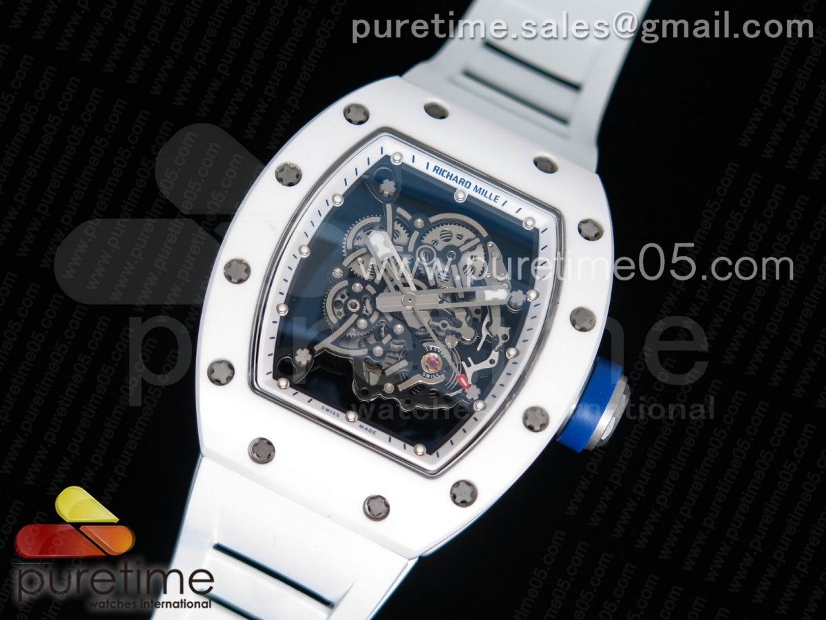 KV공장 리차드밀 RM055 리얼 화이트 세라믹 스켈레톤 다이얼 블루 화이트 러버 스트랩 RM055 Real White Ceramic Case KVF Best Edition Skeleton Dial Blue on White Rubber Strap MIYOTA8215