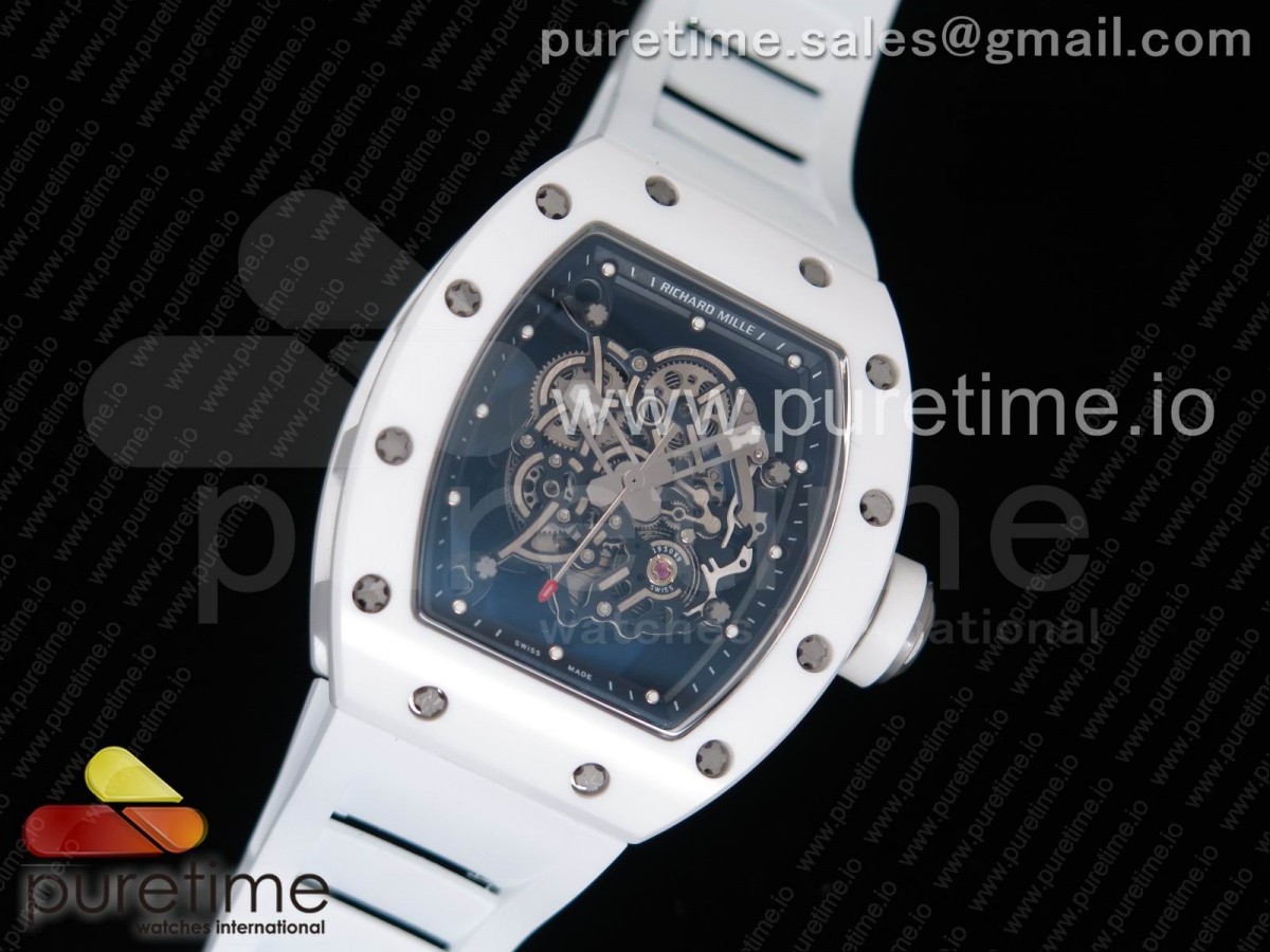 KM공장 리차드밀 RM055 리얼 올 화이트 세라믹 스켈레톤 다이얼 화이트 러버 스트랩 RM055 Real All White Ceramic KVF Best Edition Skeleton Dial White on White Rubber Strap MIYOTA8215
