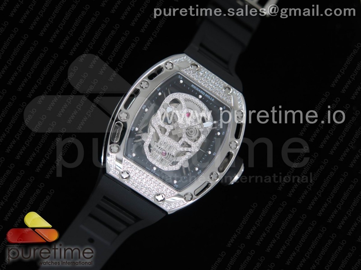 리차드밀 RM052 폴리쉬드 풀 파베 다이아몬드 스컬 다이얼 블랙 러버 스트랩 RM052 Polished SS Full Paved Diamonds Skull Dial on Black Rubber Strap MIYOTA8215