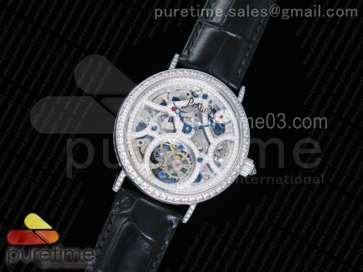 피아제 뚜르비옹 풀 파베 다이아몬드 스켈레톤 다이얼 블랙 레더 스트랩 Gouverneur Tourbillon SS Full Paved Diamonds Skeleton Dial on Black Leather Strap