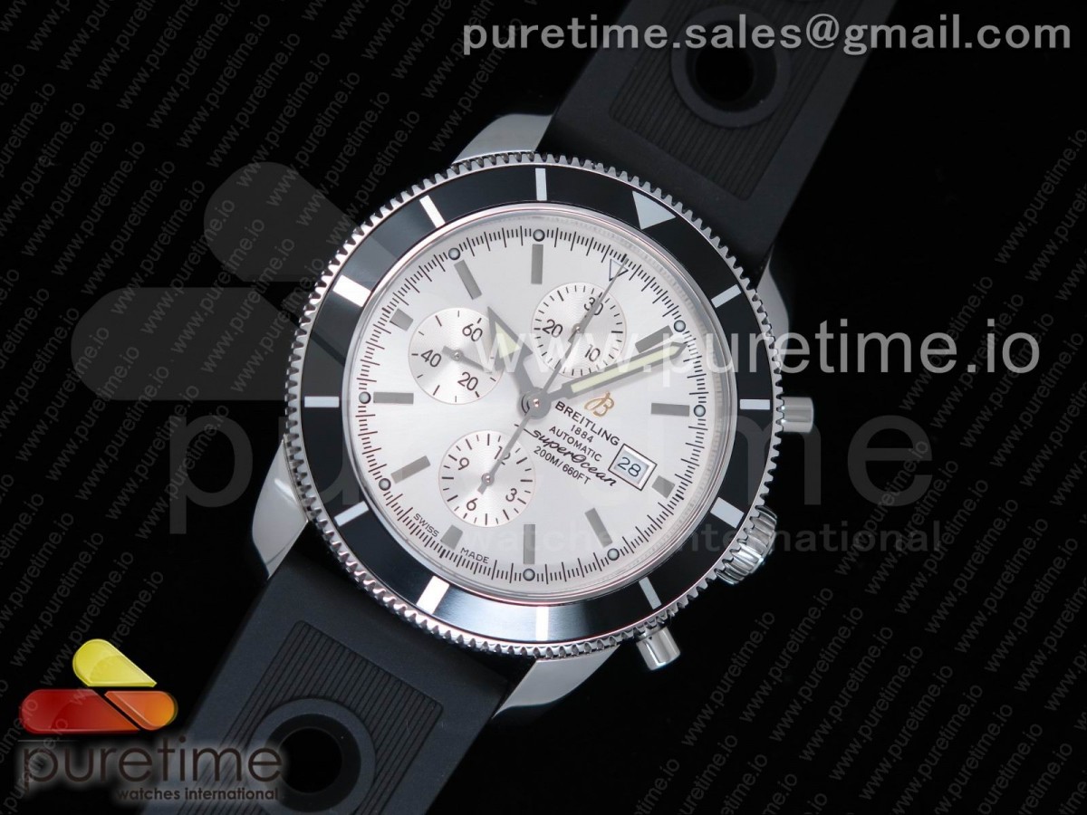 OM공장 브라이틀링 슈퍼오션 헤르티지2 46MM 화이트 다이얼 블랙 러버 스트랩 Superocean Heritage ii Chrono 46 SS OMF 1:1 Best Edition Black Bezel White Dial on Black Rubber Strap A7750