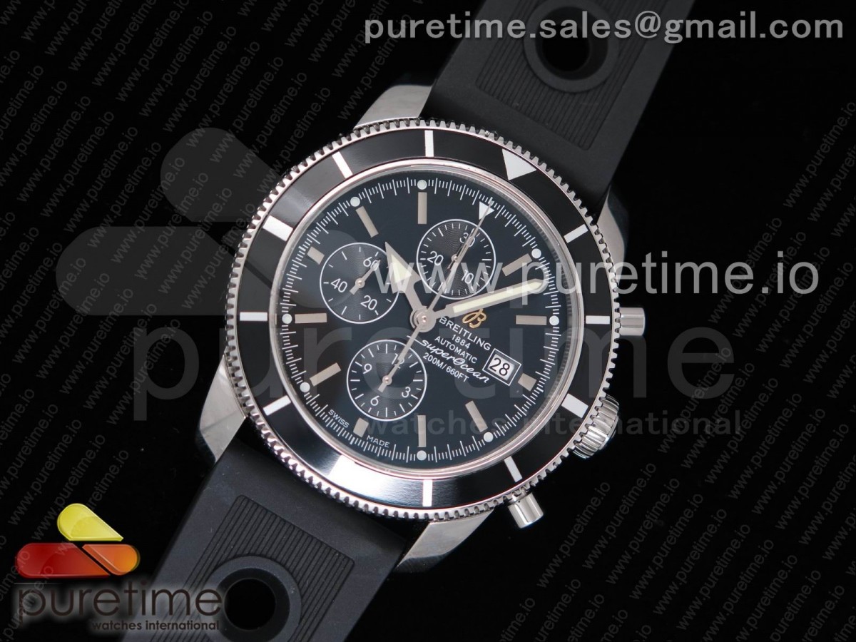 OM공장 브라이틀링 슈퍼오션 헤르티지 2 46MM 블랙 다이얼 블랙 러버 스트랩 Superocean Heritage ii Chrono 46 SS OMF 1:1 Best Edition Black Bezel Black Dial on Black Rubber Strap A7750