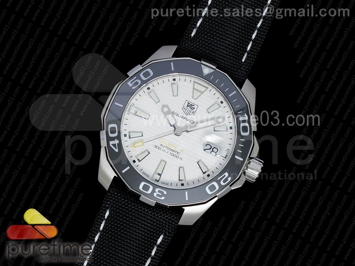 V6공장 태그호이어 아쿠아레이서 칼리버5 화이트 텍스처드 다이얼 블랙 나일론 스트랩 AquaRacer Calibre 5 SS V6F 1:1 Best Edition White Textured Dial on Black Nylon Strap A2824