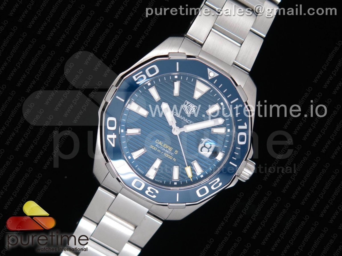 태그호이어 아쿠아레이서 칼리버5 블루 텍스처드 다이얼 세라믹 베젤 브슬 Aquaracer Calibre 5 Blue SS 1:1 Best Edition Textured Dial Ceramic Bezel on SS Bracelet Swiss SW200