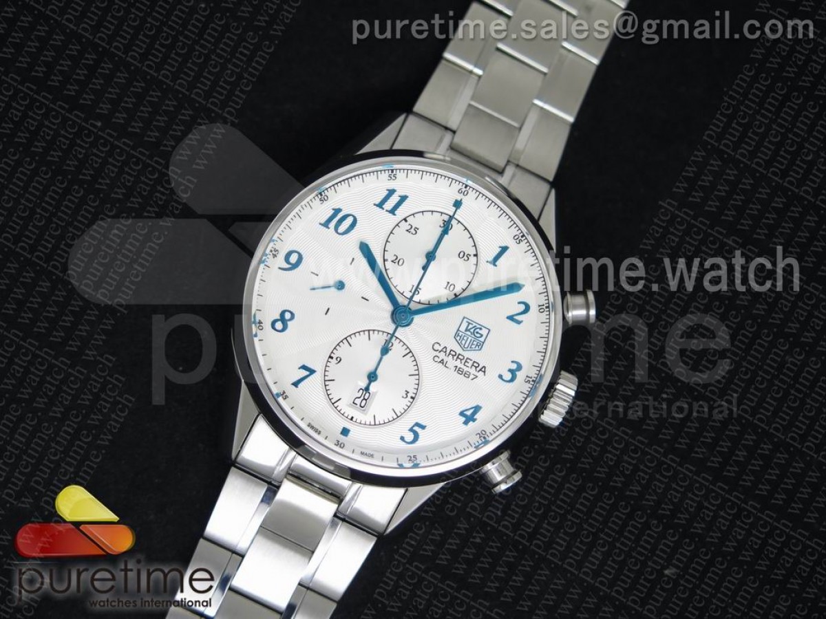 V6공장 태그호이어 까레라 CAL1887 크로노그래프 화이트 다이얼 라이트블루 마커스 브레이슬릿 Carrera CAL1887 Chronograph SS V6F 1:1 Best Edition White Dial LightBlue Markers on SS Bracelet CAL1887