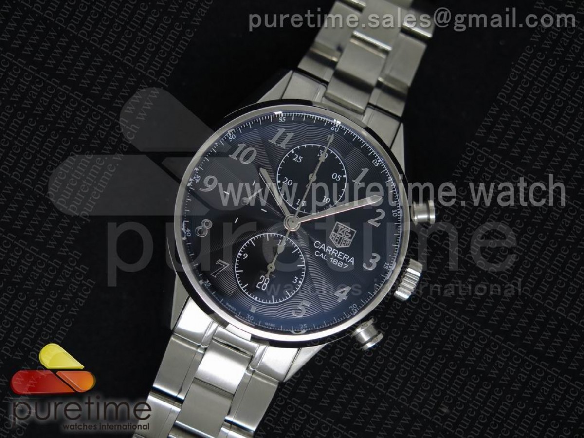 V6공장 태그호이어 까레라 CAL1887 크로노그래프 블루 텍스처드 다이얼 브레이슬릿 Carrera CAL1887 Chronograph SS V6F 1:1 Best Edition Black Textured Dial on SS Bracelet CAL1887