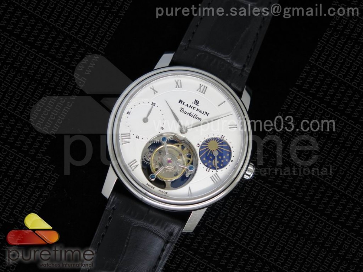 블랑팡 카루젤 뚜르비옹 화이트 다이얼 2서브 다이얼 블랙 레더 스트랩Carrousel Tourbillon SS White Dial 2 Sub Dials on Black Leather Strap
