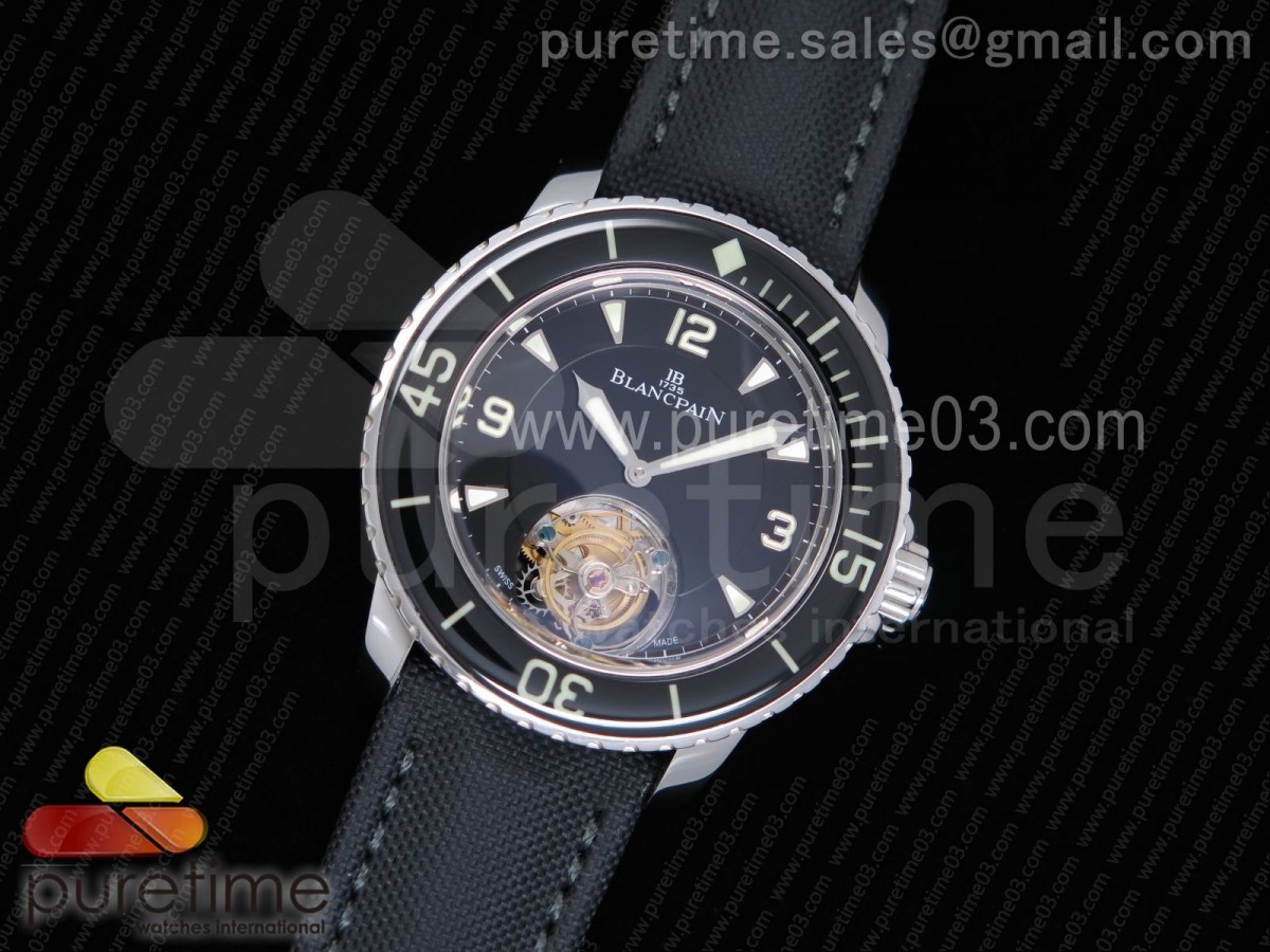 ZF공장 블랑팡 피프티 패덤즈 뚜르비옹 블랙 다이얼 Fifty Fathoms Tourbillon SS ZF Best Edition Black Dial on Sail-canvas Strap (Free Extra Strap)