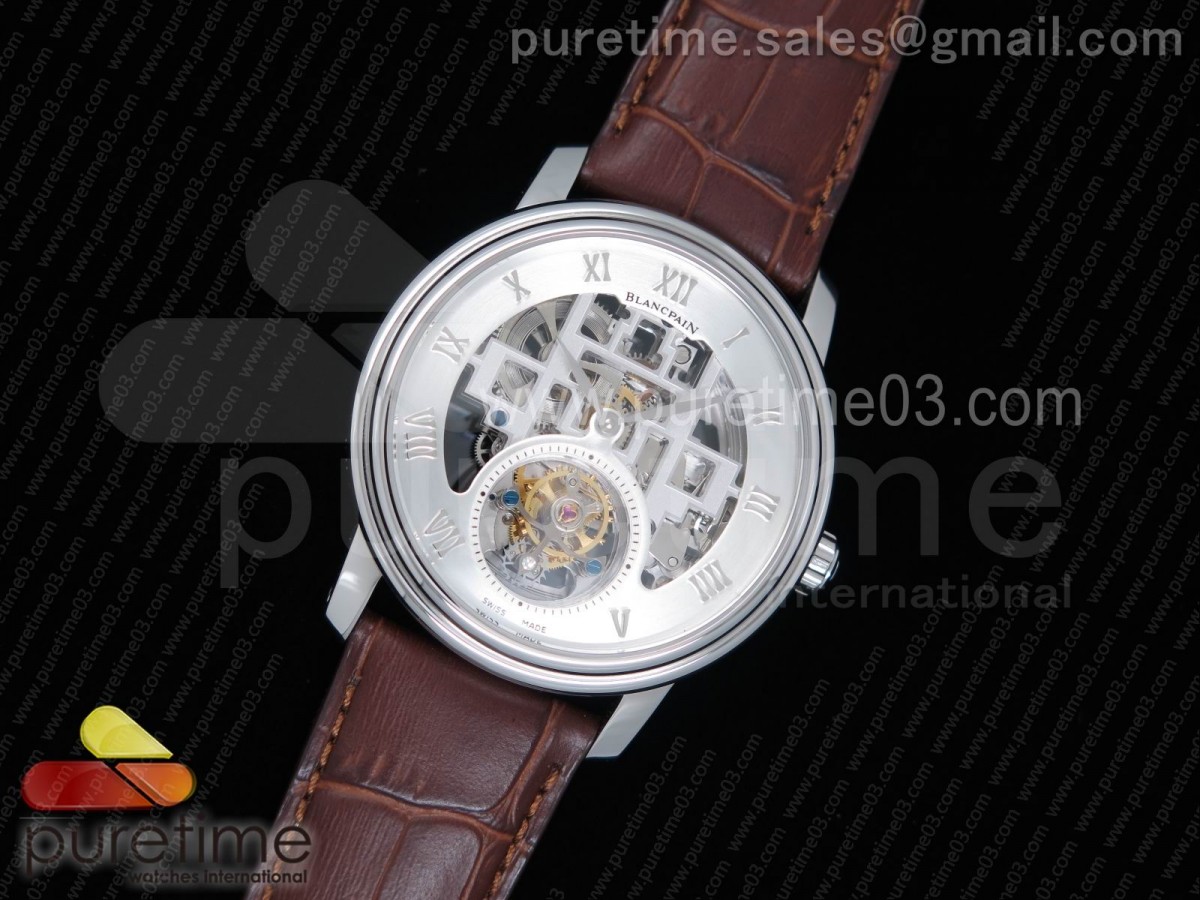 블랑팡 판타지 뚜르비옹 실버 스켈레톤 다이얼 브라운 레더 스트랩 Fantasy Tourbillon SS Silver Skeleton Dial on Brown Leather Strap