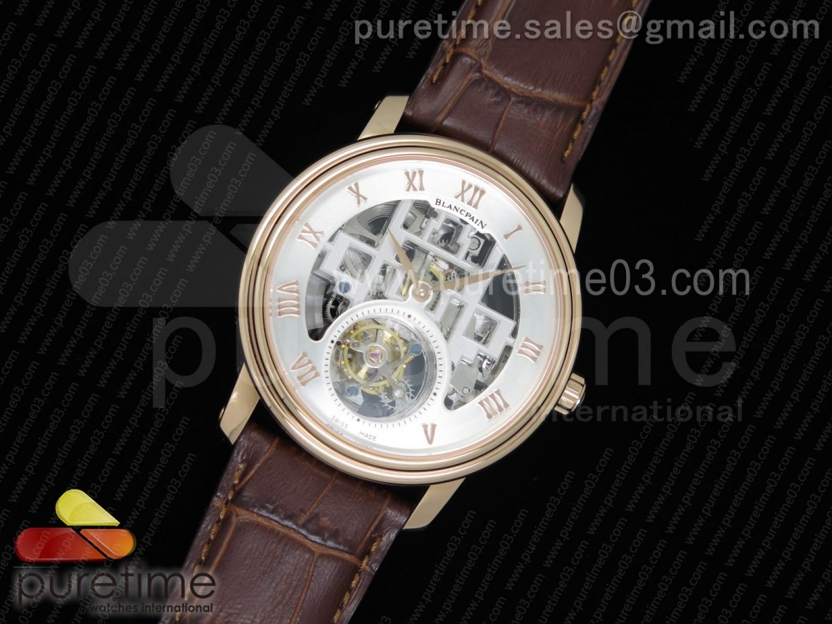 블랑팡 판타지 뚜르비옹 로즈골드 실버 스켈레톤 다이얼 브라운 레더 스트랩 Fantasy Tourbillon RG Silver Skeleton Dial on Brown Leather Strap