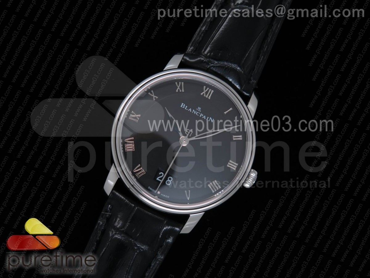 블랑팡 빌레레 그랜드 데이트 블랙 다이얼 블랙 레더 스트랩 Villeret Grande Date SS Black Dial on Black Leather Strap A6950