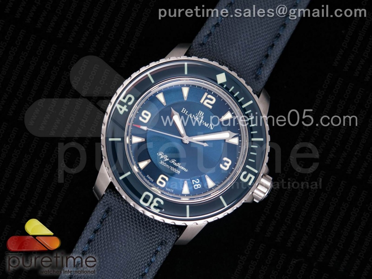 ZF공장 블랑팡 피프티패덤즈 블루 티타늄 블루 다이얼 Fifty Fathoms Blue Titanium ZF 1:1 Best Edition Blue Dial on Sail-canvas Strap A1315