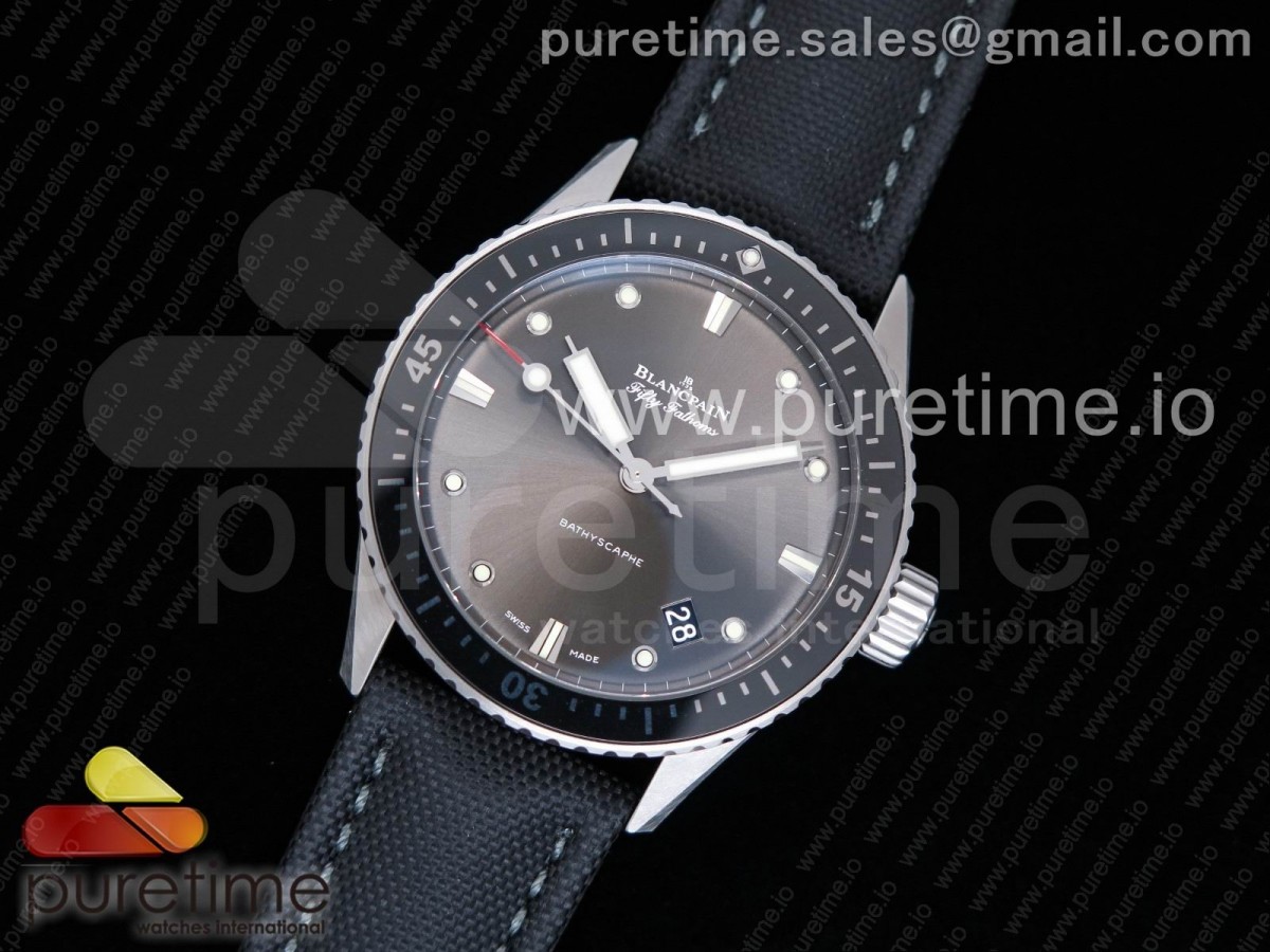 ZF공장 블랑팡 피프티 패덤즈 바티스카프 43MM 그레이 다이얼 Fifty Fathoms Bathyscaphe 43mm SS ZF 1:1 Best Edition Gray Dial on Sail-canvas Strap A1315