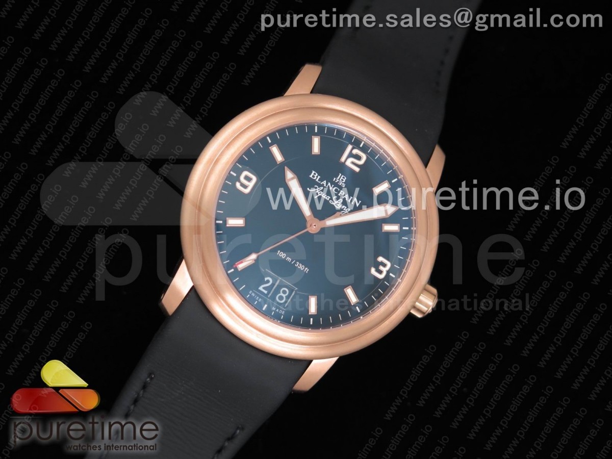 블랑팡 레만 아쿠아 렁 빅 데이트 로즈골드 블랙 다이얼 LEMAN Aqua Lung Big Date RG 1:1 Best Edition Black Dial on Black Leather Strap A6950