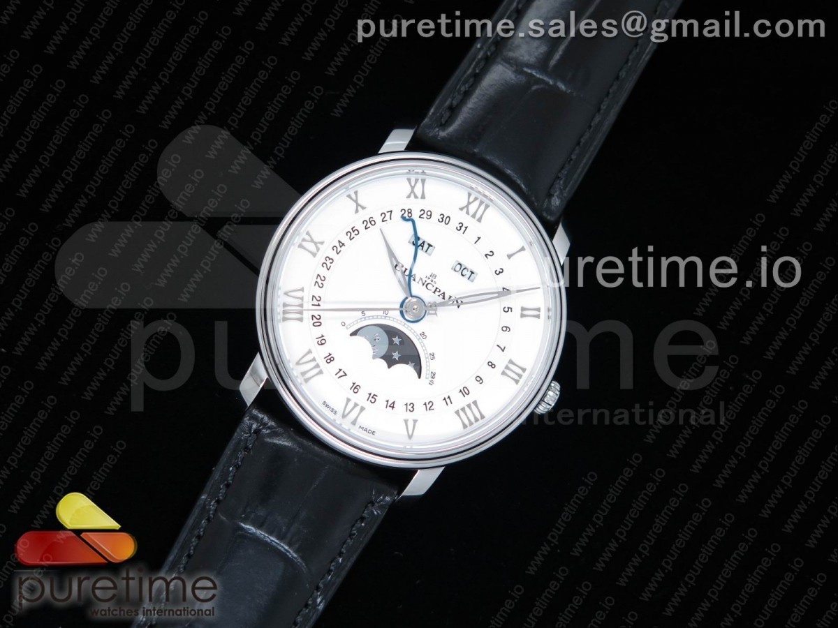OM공장 블랑팡 V3 빌레레 6654 컴플레케이티드 화이트 다이얼 Villeret 6654 SS Complicated Function OMF 1:1 Best Edition White Dial on Black Leather Strap A6654 V3