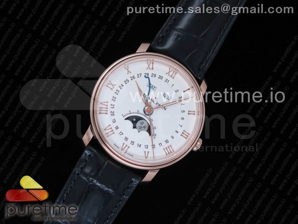 OM공장 블랑팡 V3 빌레레 6654 로즈골드 컴플레케이티드 화이트 다이얼 Villeret 6654 RG Complicated Function OMF 1:1 Best Edition White Dial on Black Leather Strap A6654 V3