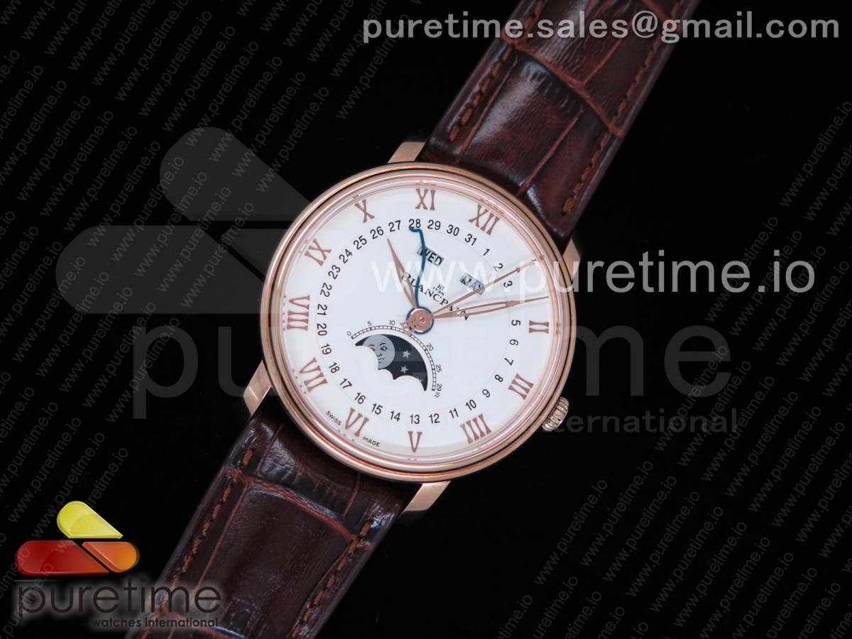 OM공장 블랑팡 V3 빌레레 6654 로즈골드 컴플레케이티드 화이트 다이얼 Villeret 6654 RG Complicated Function OMF 1:1 Best Edition White Dial on Brown Leather Strap A6654 V3