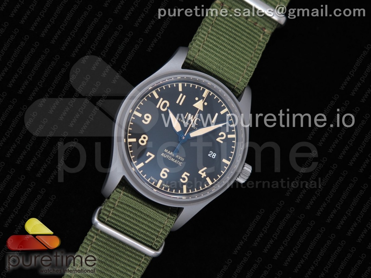 M+F공장 IWC 마크18 헤리티지 티타늄 블랙다이얼 그린 나일론스트랩 / Mark XVIII IW327006 Titanium Grand M+F 11 Best Edition Black Dial on Green Nylon Strap A35111 (Free Leather Strap)