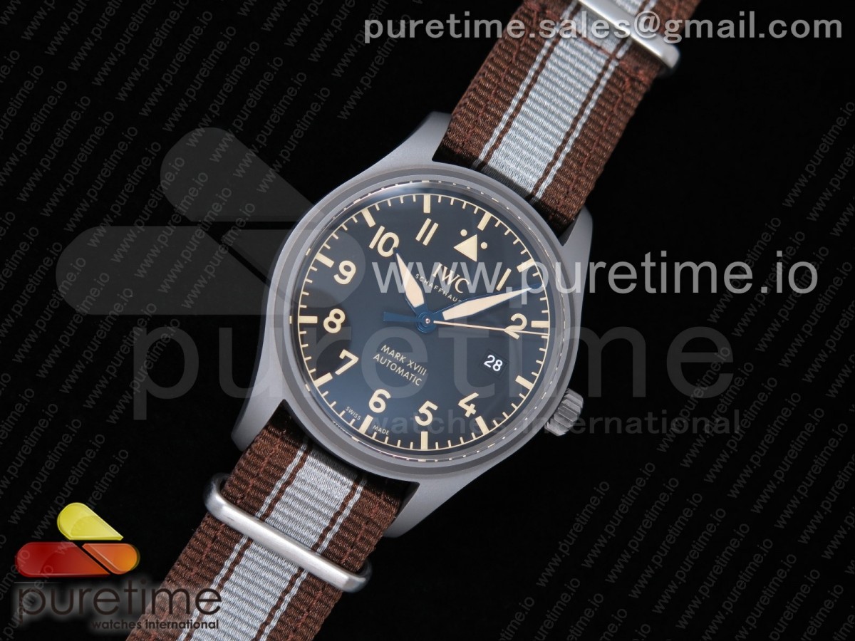 M+F공장 IWC 마크18 헤리티지 티타늄 블랙다이얼 브라운 앤 그레이 나일론스트랩 / Mark XVIII IW327006 Titanium Grand M+F 11 Best Edition Black Dial on BrownGray Nylon Strap A35111 (Free Leather Strap)
