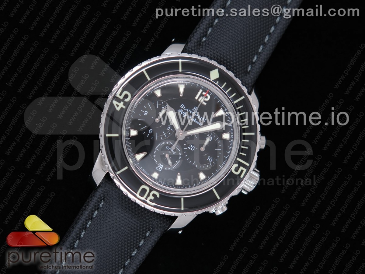 OM공장 블랑팡 피프티패덤즈 크로노그래프 스틸 블랙다이얼 나일론 / Fifty Fathoms Chronograph SS OMF 11 Best Edition Black Dial on Black Nylon Strap A7750