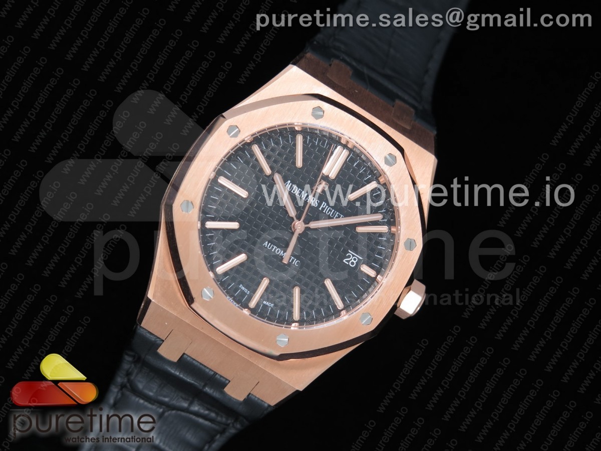 JF공장 V5 오데마피게 로얄오크 15400 로골 블랙다이얼 블랙가죽 / Royal Oak 41mm 15400 RG JF 11 Best Edition Black Textured Dial on Black Leather Strap A3120 V5