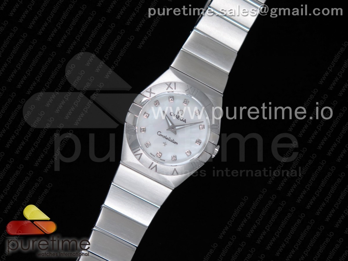 오메가 컨스틸레이션 여성용 스틸 화이트텍스쳐다이얼 / Constellation Ladies 27mm SS White MOP Dial Diamonds Markers on SS Bracelet ETA Quartz