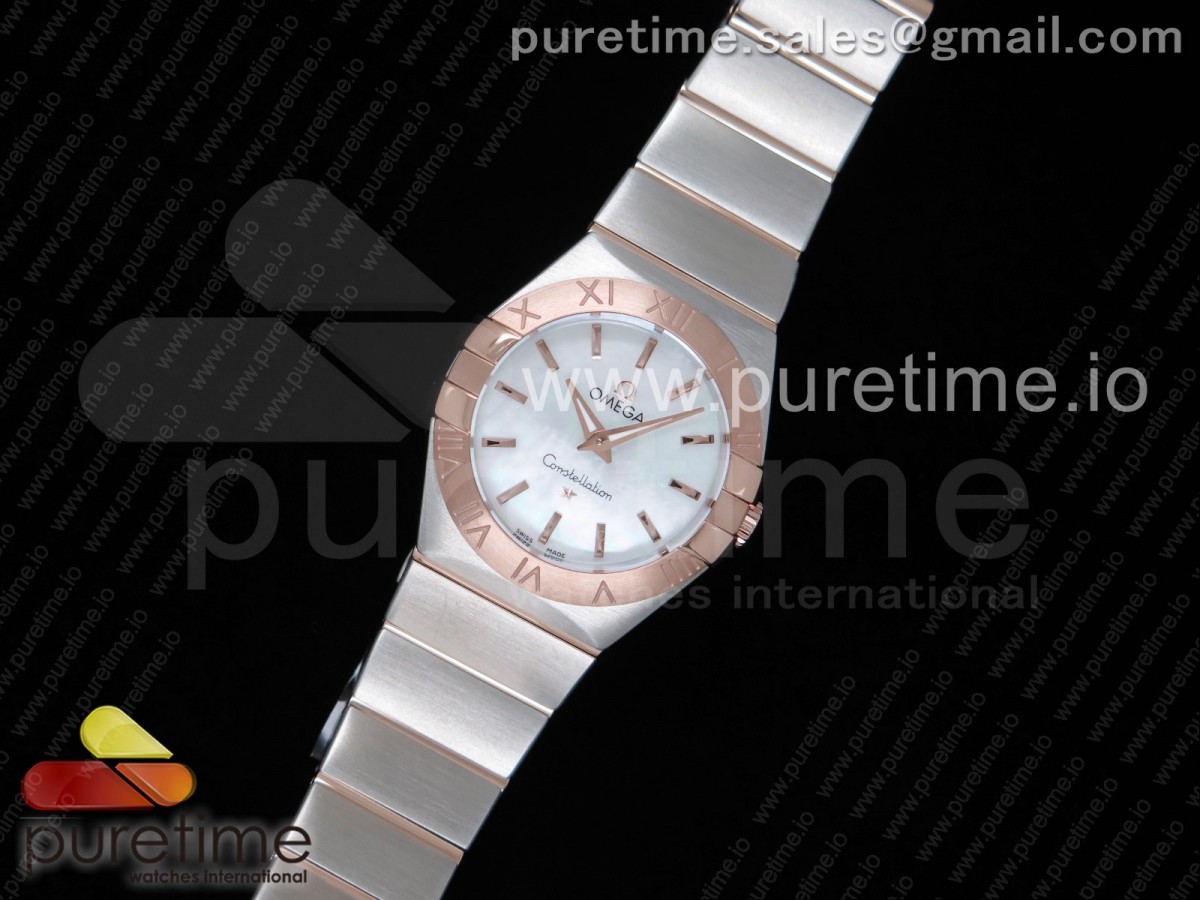 오메가 컨스틸레이션 여성용 스틸 화이트바인덱스 로즈골드콤비 다이아베젤 / Constellation Ladies 27mm SSRG White MOP Dial Stick Markers on SSRG Bracelet ETA Quartz