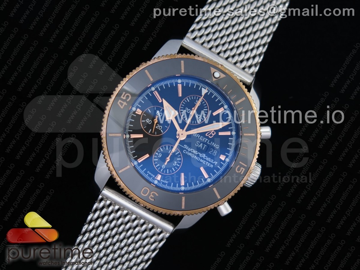 브라이틀링 슈퍼오션 44mm 크로노그래프 스틸 블랙콤비 매쉬 / SuperOcean Heritage Chrono SS Black Dial RG Markers on SS Mesh Bracelet A7750