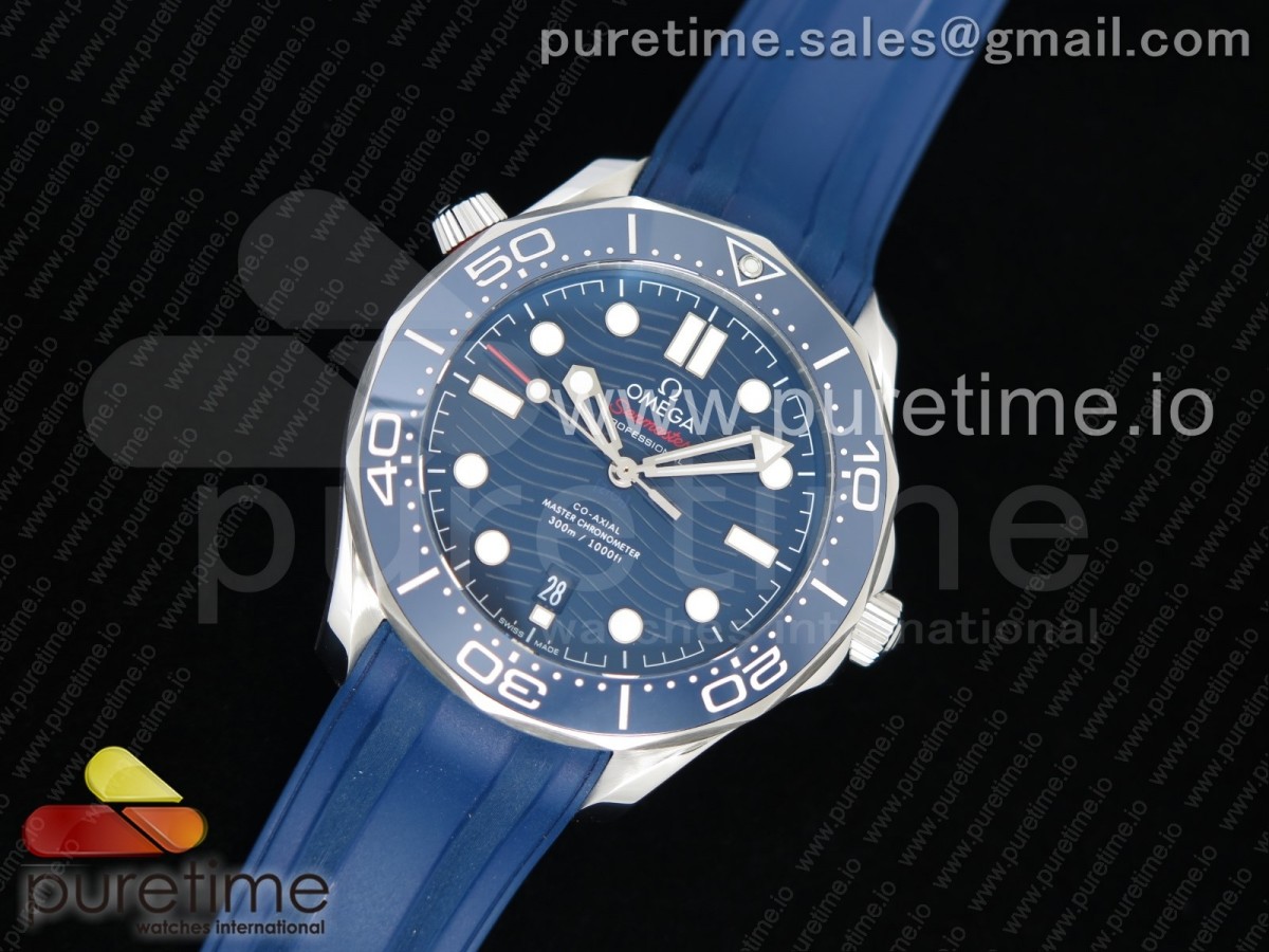 OM공장 오메가 씨마스터 다이버 300M 블루 러버스트랩 / 2018 Seamaster Diver 300M OMF Best Edition Blue Ceramic Blue Dial on Blue Rubber Strap A8800 (Black Balance Wheel)