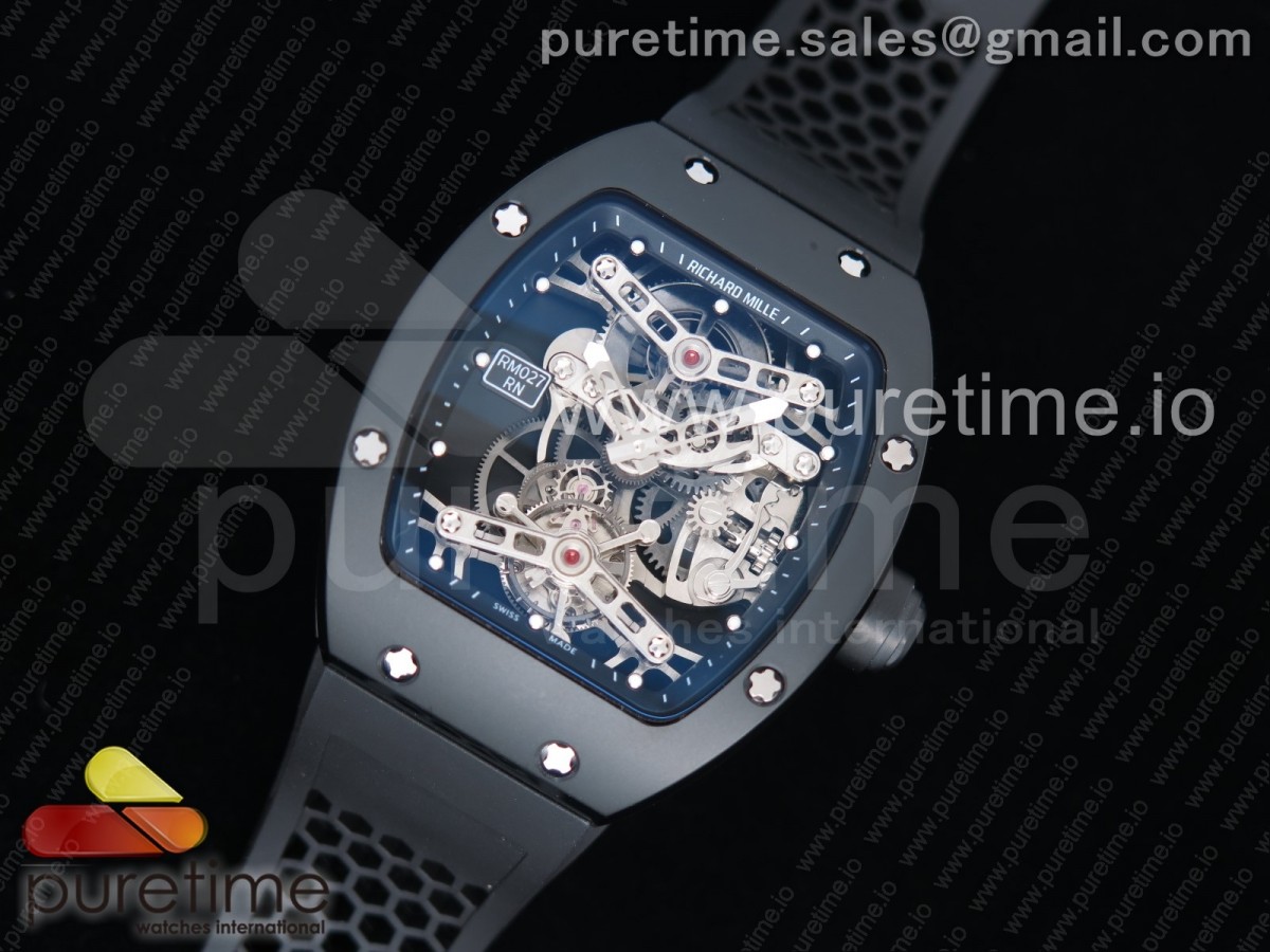 EUR공장 리차드밀 RM027 티타늄 DLC 코팅 리얼투어빌론 러버 / RM027 Real Tourbillon EURF Best Edition Skeleton Dial on Black Rubber Strap