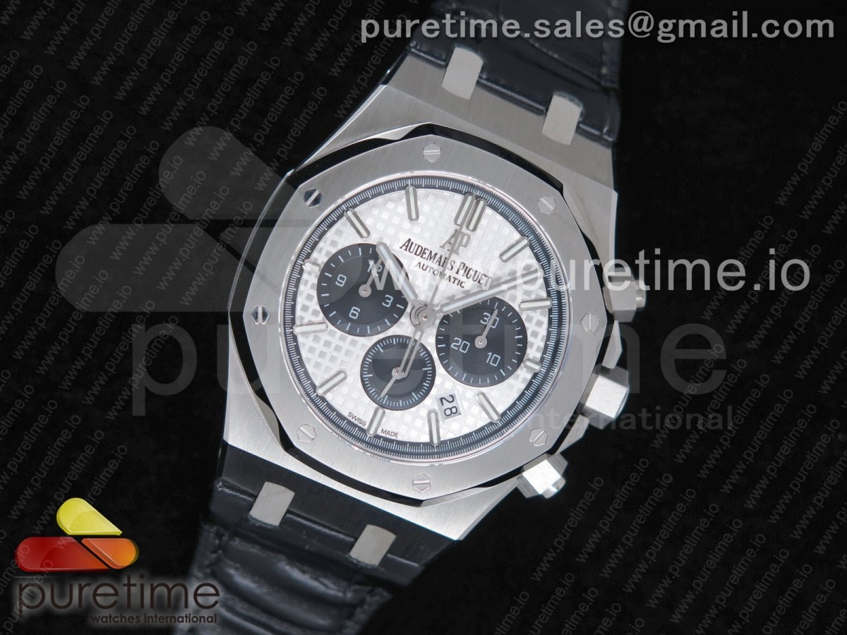 OM공장 오데마피게 로얄오크 크로노그래프 화이트앤블랙다이얼 가죽 / Royal Oak Chrono 26331ST SS OMF 11 Best Edition WhiteBlack Dial on Black Leather Strap A7750 (Free Rubber Strap)