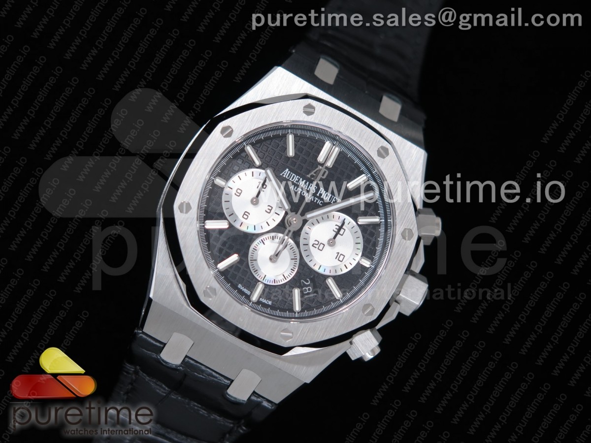 OM공장 오데마피게 로얄오크 크로노그래프 블랙앤화이트 가죽 / Royal Oak Chrono 26331ST SS OMF 11 Best Edition BlackWhite Dial on Black Leather Strap A7750 (Free Rubber Strap)