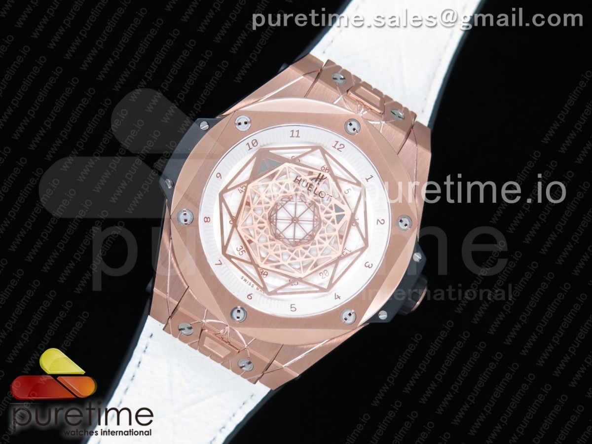 HB공장 위블로 빅뱅 유니코 화이트골드 스켈레톤다이얼 화이트 거미스트랩 / Big Bang Unico Sang Bleu RG HBF WhiteGold Skeleton Dial on White Gummy Strap HUB1213