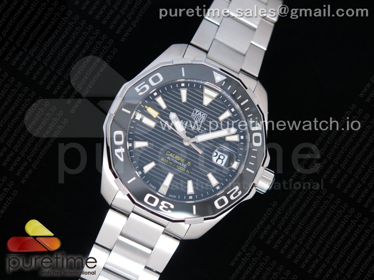 KOR공장 태그호이어 아쿠아레이서 칼리버 5 43MM 스틸 블랙다이얼 브슬 / Aquaracer Calibre 5 SS 43mm KOR 11 Best Edition Black Ceramic Bezel Black Dial on SS Bracelet SW200