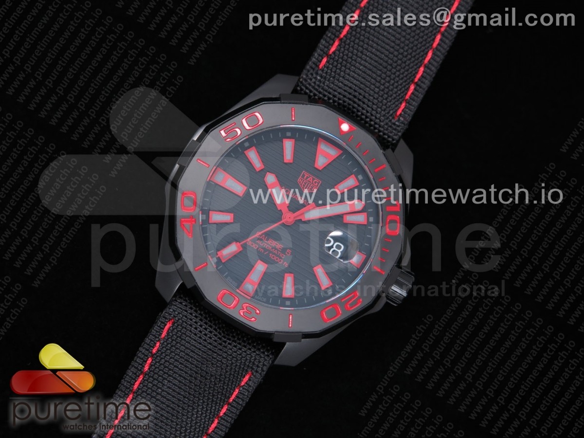 V6공장 태그호이어 아쿠아레이서 칼리버5 43MM PVD블랙앤레드다이얼 나일론 / Aquaracer Calibre 5 PVD 43mm V6F 11 Best Edition BlackRed Dial on Brown Nylon Strap A2824