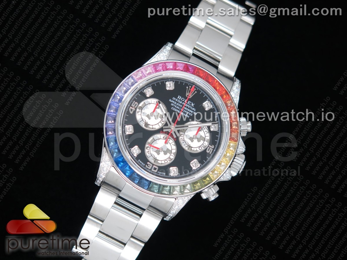 JH공장 롤렉스 데이토나 레인보우 바게티베젤 블랙다이얼 / Daytona 116599RBOW SS Rainbow Crystal JHF Best Edition Black Dial on SS Bracelet A4130
