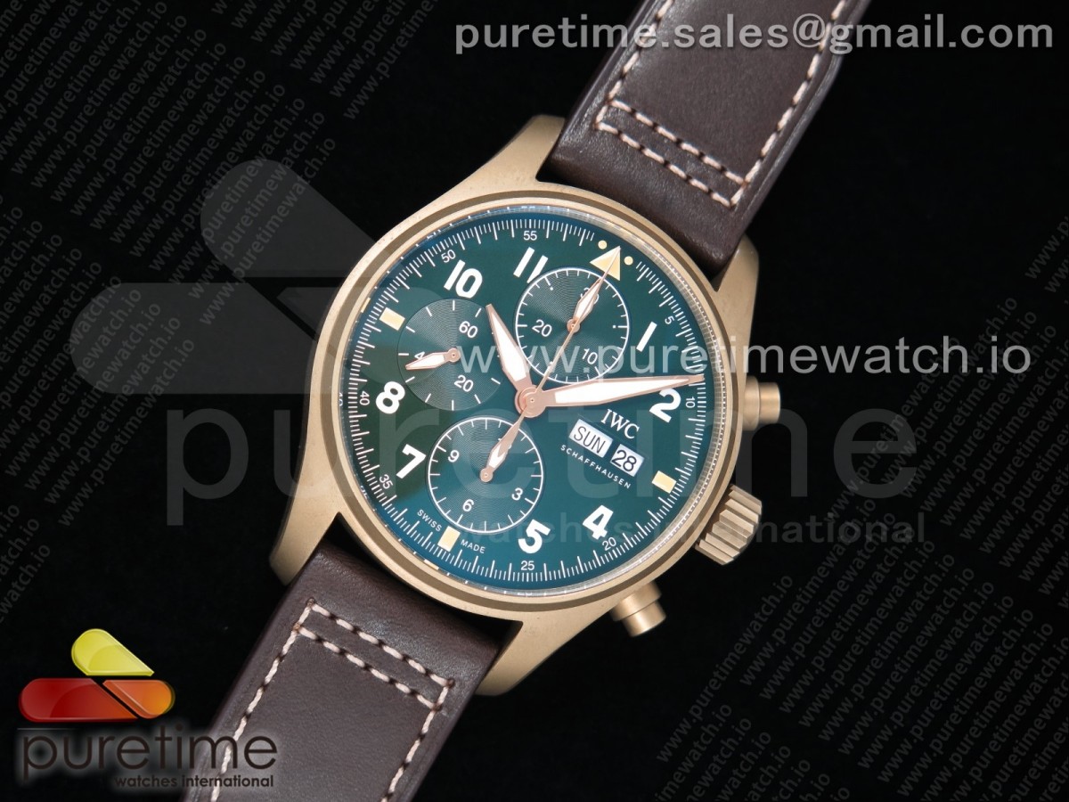 ZF공장 IWC 파일럿 크로노그래프 스핏파이어 브론즈케이스 그린다이얼 가죽 / Pilot Chrono Spitfire IW387902 Bronze ZF 11 Best Edition Green Dial on Brown Leather Strap A7750