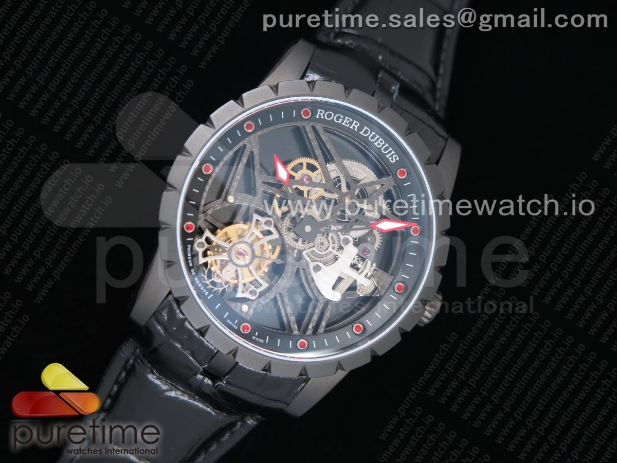 BBR공장 로져드뷔 엑스칼리버 투어빌론 PVD 스켈레톤다이얼 가죽 / Excalibur Rddbex0393 PVD BBR Best Edition Skeleton Dial on Black Leather Strap A2136 Tourbillon
