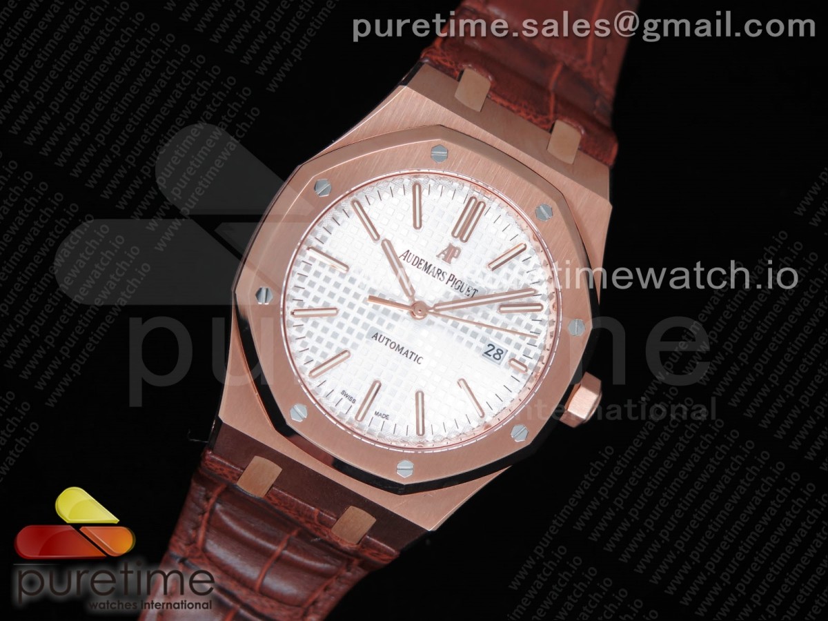 OM공장 오데마피게 로얄오크 15400 로즈골드 화이트다이얼 브라운가죽 / Royal Oak 41mm 15400 RG OMF 11 Best Edition White Textured Dial on Brown Leather Strap A3120