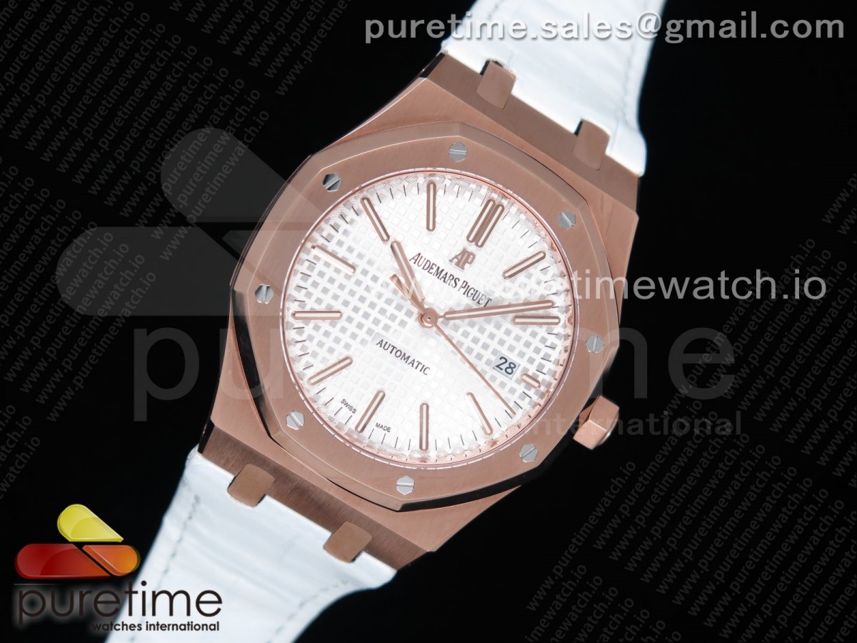 OM공장 오데마피게 로얄오크 15400 로즈골드 화이트다이얼 화이트가죽 / Royal Oak 41mm 15400 RG OMF 11 Best Edition White Textured Dial on White Leather Strap A3120