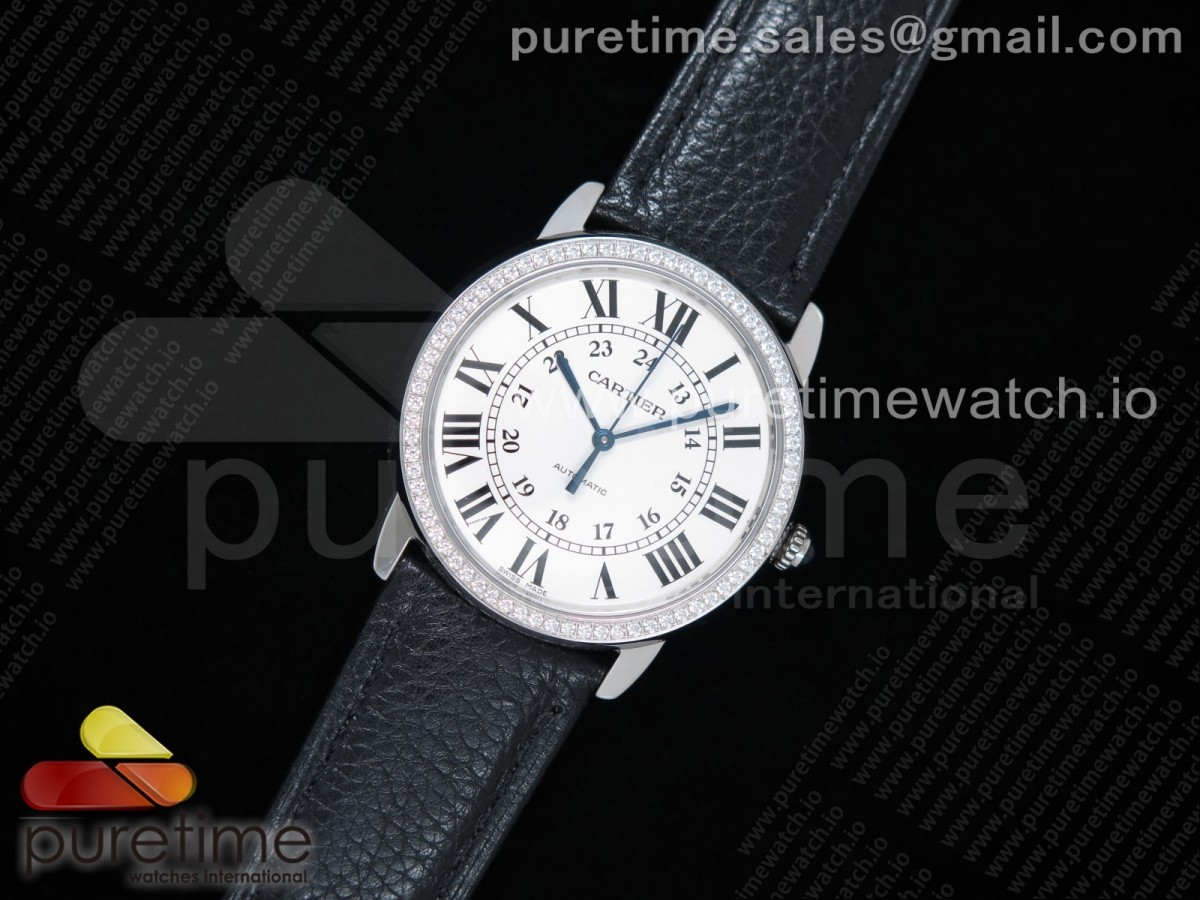 TW공장 까르띠에 롱드솔로 36MM 스틸 화이트다이얼 다이아베젤 가죽 / Ronde Solo De Cartier 36mm SS TWF Best Edition White Dial Diamonds Bezel on Black Leather Strap ETA2671