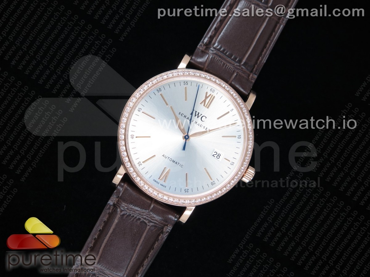 V7공장 포르토피노 실버다이얼 로즈골드 다이아베젤 악어스트랩 / Portofino Automatic RG V7F 11 Best Edtiion Diamonds Bezel Silver Dial SS Markers on Brown Croco Strap ETA2892