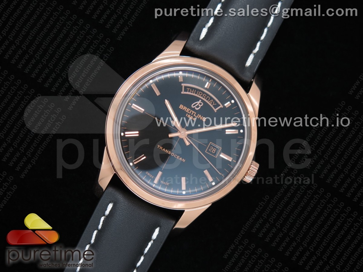 V7공장 브라이틀링 트랜스오션 데이데이트 로골 블랙다이얼 가죽 / Breitling Transocean Day & Date Automatic V7F RG Black Dial on Black Leather Strap A2836