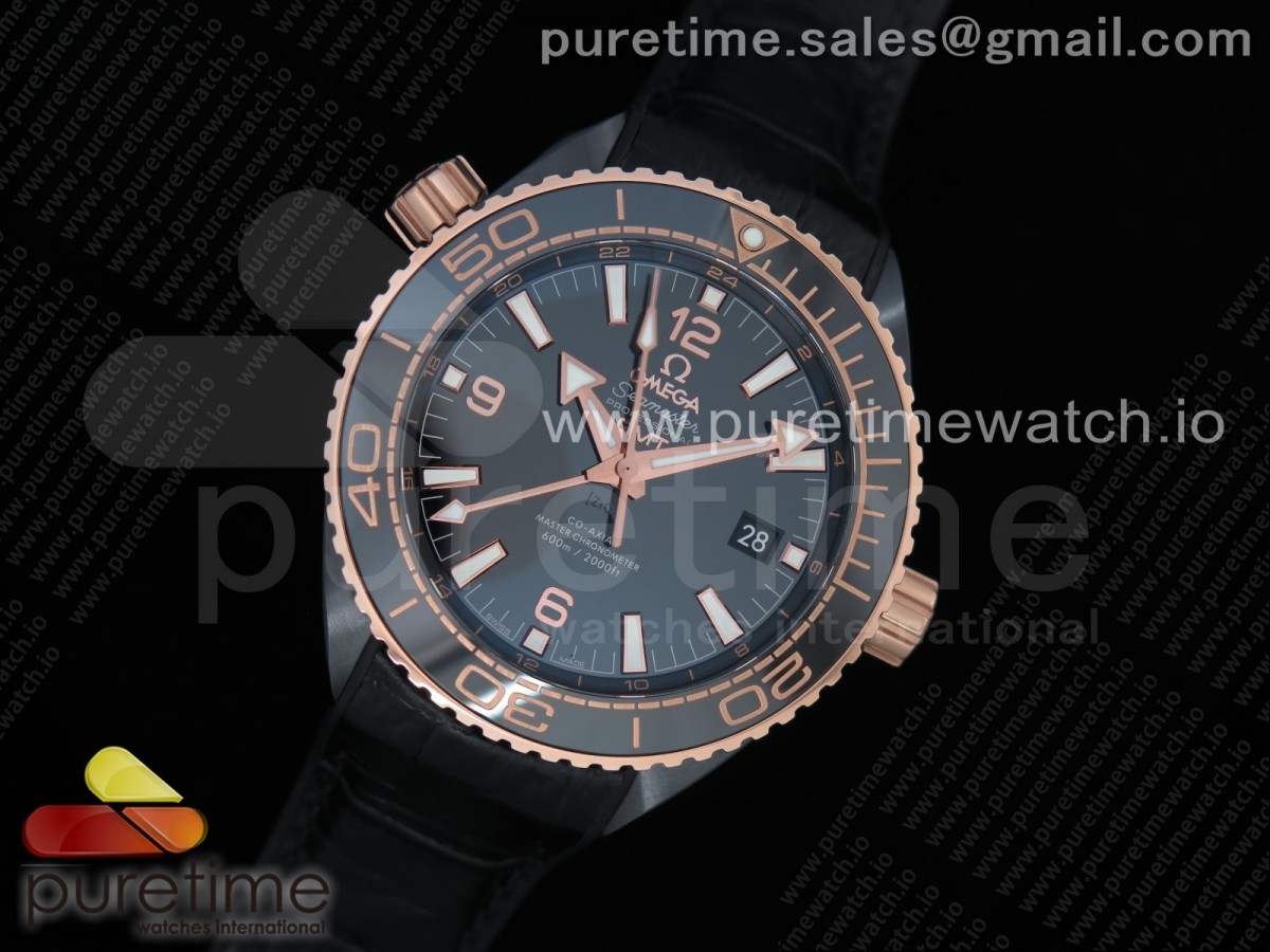 VS공장 오메가 씨마스터 플래닛오션 GMT 딥블랙 로즈골드베젤 세라믹케이스 가죽 / Planet Ocean 45.5mm Deep Gold Black Real Ceramic VSF 11 Best Edition on Black Leather Strap A8906 Super Clone