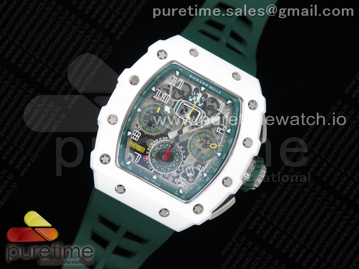 KV공장 리차드밀 RM011 화이트세라믹케이스 스켈레톤다이얼 러버 / RM011 Real White Ceramic Chronograph KVF 11 Best Edition Crystal Skeleton Dial Green on Green Rubber Strap A7750