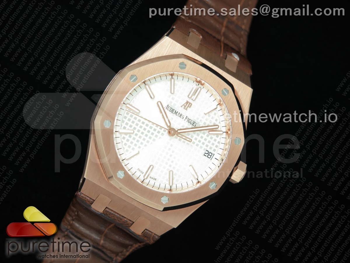 OM공장 오데마피게 로얄오크 41MM 로골 화이트다이얼 브라운가죽 / Royal Oak 41mm 15500 RG OMF 11 Best Edition White Textured Dial on Brown Leather Strap MIYOTA 9015