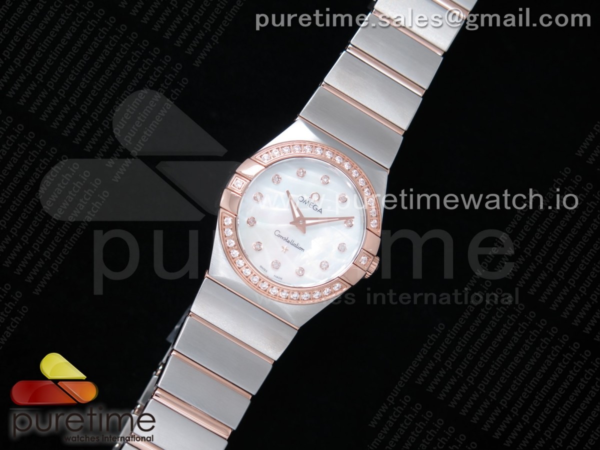 K11공장 오메가 컨스틸레이션 27MM 로즈골드 콤비 자개다이아물결다이얼 다이아베젤 / Constellation Ladies 27mm K11F 11 Best Edition SSRG Diamonds Bezel White MOP Textured Dial Diamonds Markers on SSRG Bracelet ETA Quartz