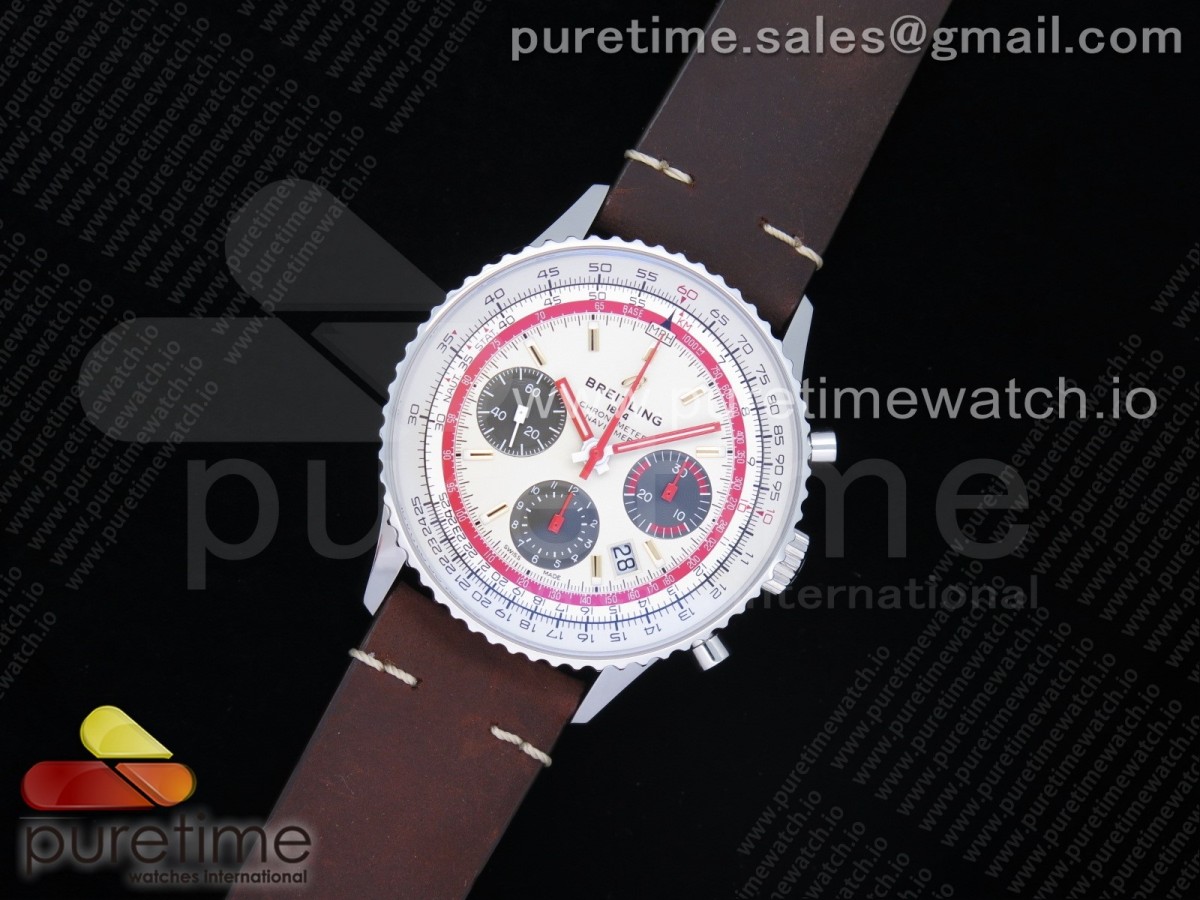 V9공장 네비타이머 B01 크로노 화이트다이얼 가죽 / Navitimer B01 Chronograph 43 TWA Editioin SS V9F 11 White Dial on Brown Leather Strap A7750