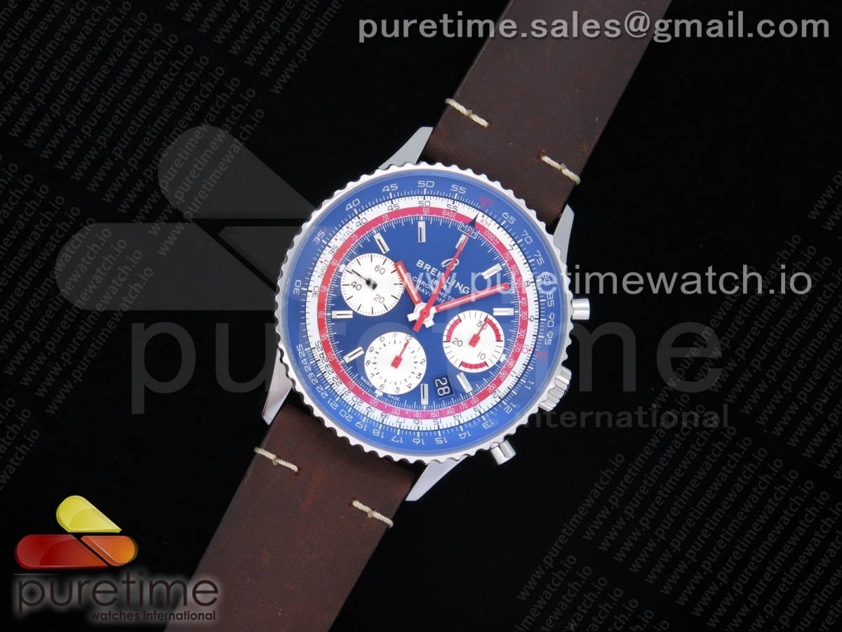 V9공장 네비타이머 B01 크로노 블루다이얼 가죽 / Navitimer B01 Chronograph 43 TWA Editioin SS V9F 11 Blue Dial on Brown Leather Strap A7750