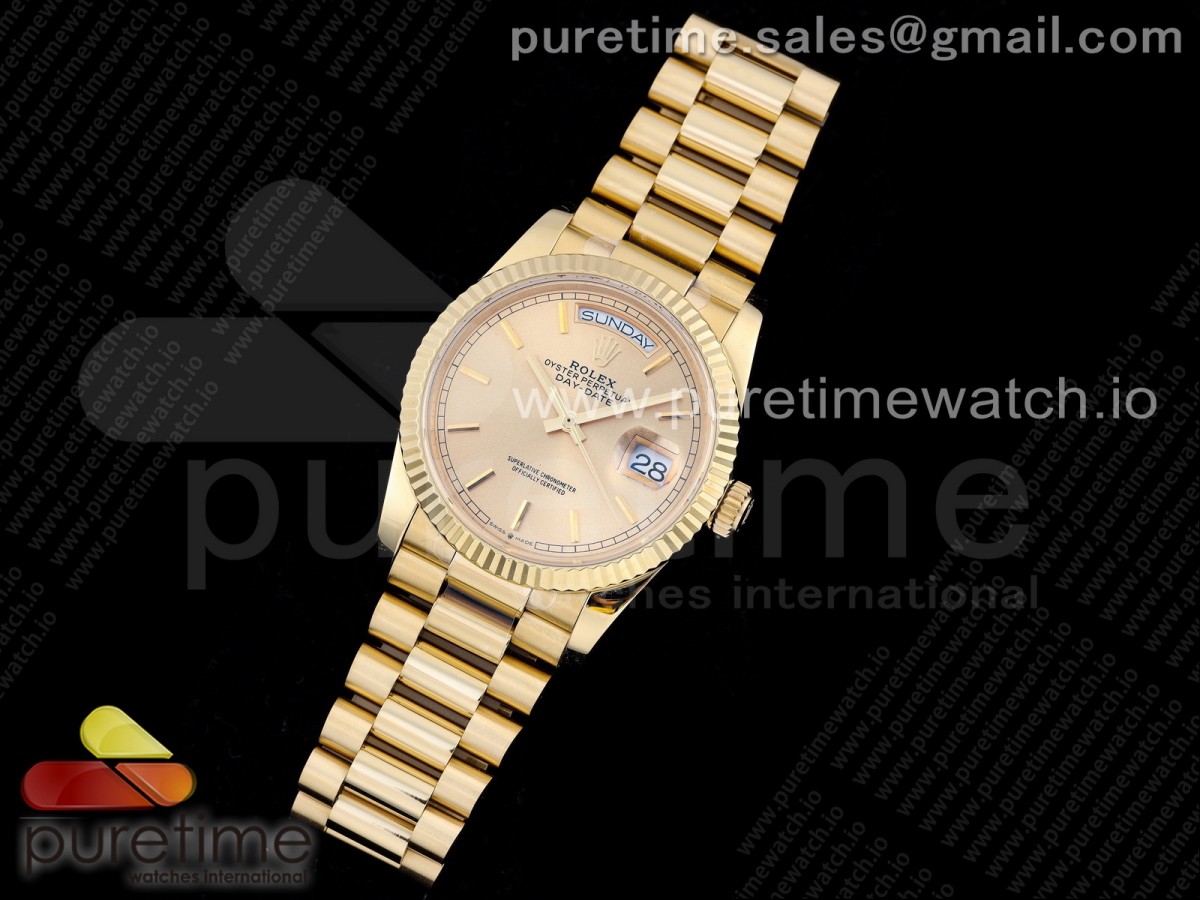 GM공장 롤렉스 데이데이트 옐로우골드 금통 옐로우골드 바인덱스 브슬 / Day-Date 36 YG 128238 GMF Best Edition Gold Dial Stick Markers on President Bracelet A2836